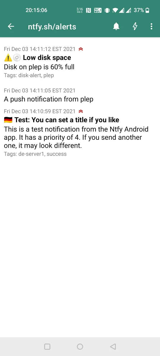 ntfy 官方 Android 客户端的主题消息列表示例