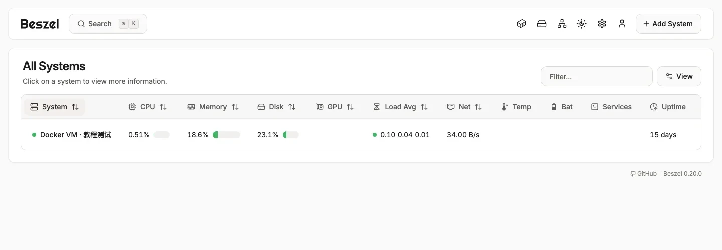 Beszel 测试面板，列表中显示一台已接入的 Linux 虚拟机