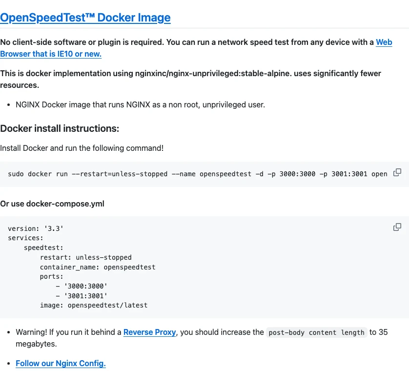 OpenSpeedTest 官方 Docker 项目说明，介绍服务端口与部署方式
