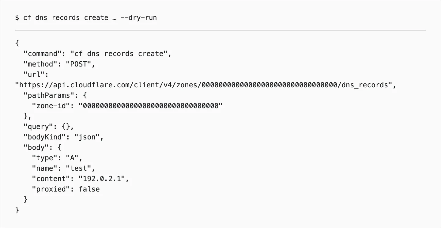 DNS 创建请求的实际 dry-run 输出