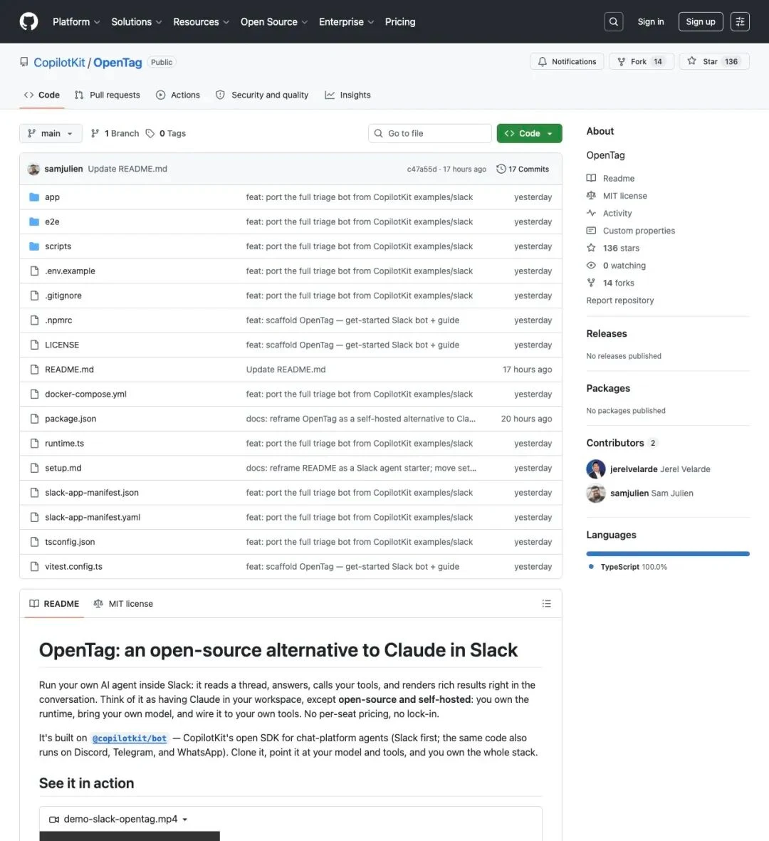 OpenTag GitHub 首页显示其 Slack-first 定位。