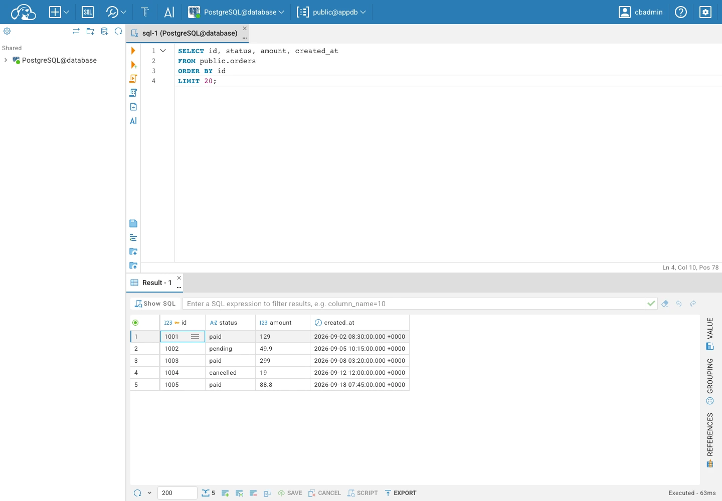 隔离环境中的 CloudBeaver SQL 查询与结果